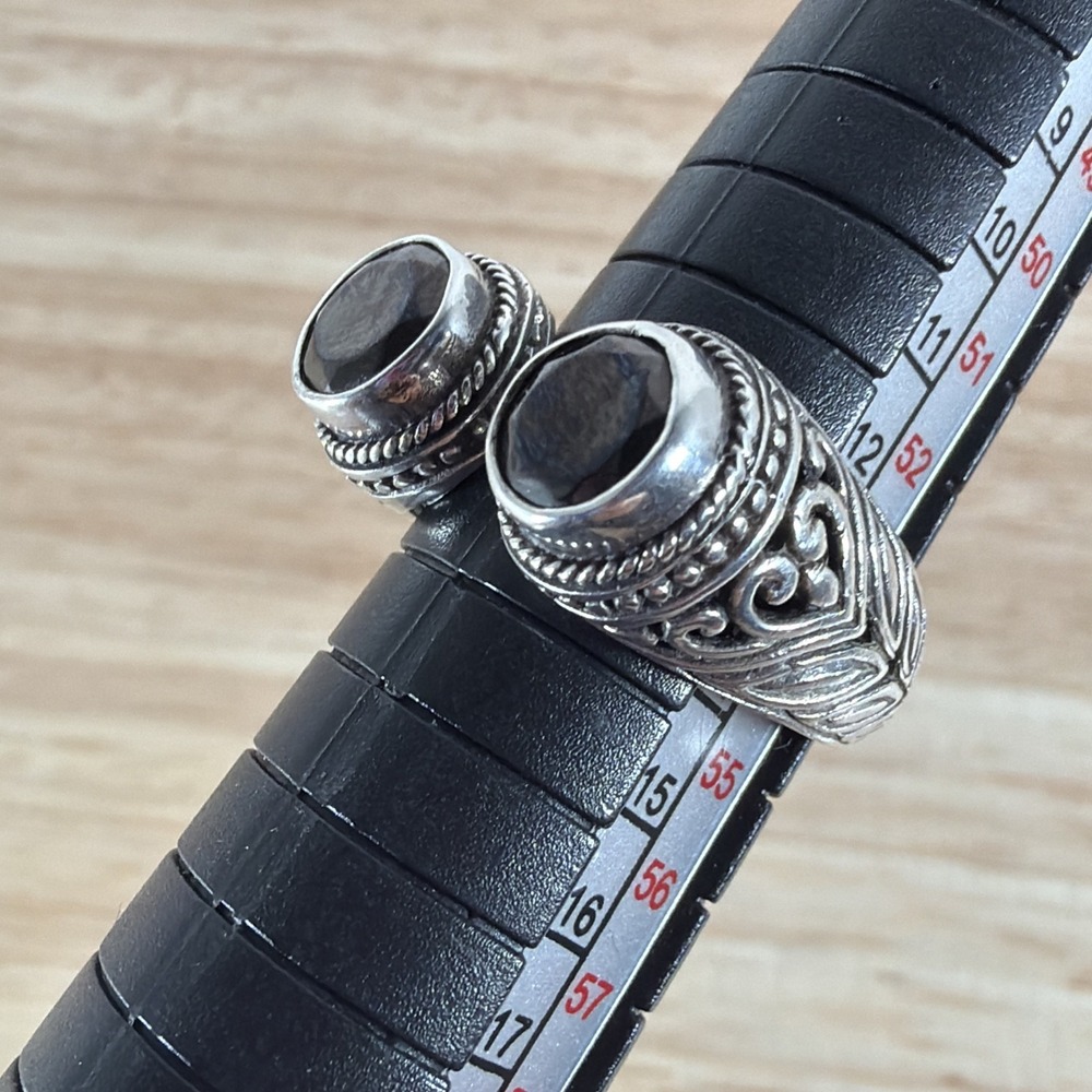 Rare Very Unique Open Double Onyx Healing Ring Sterling Silver Adjustable Size 7